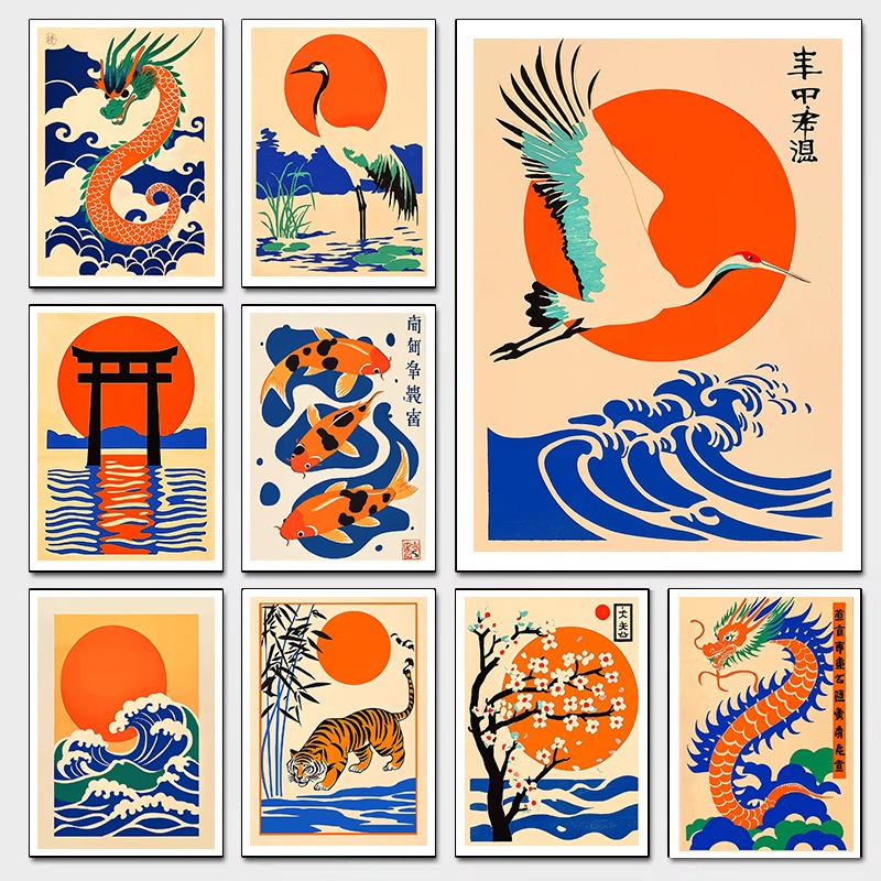 Japanese Minimalist Lifestyle - Ilustrasi Jepang Retro Kanvas Cetak Naga