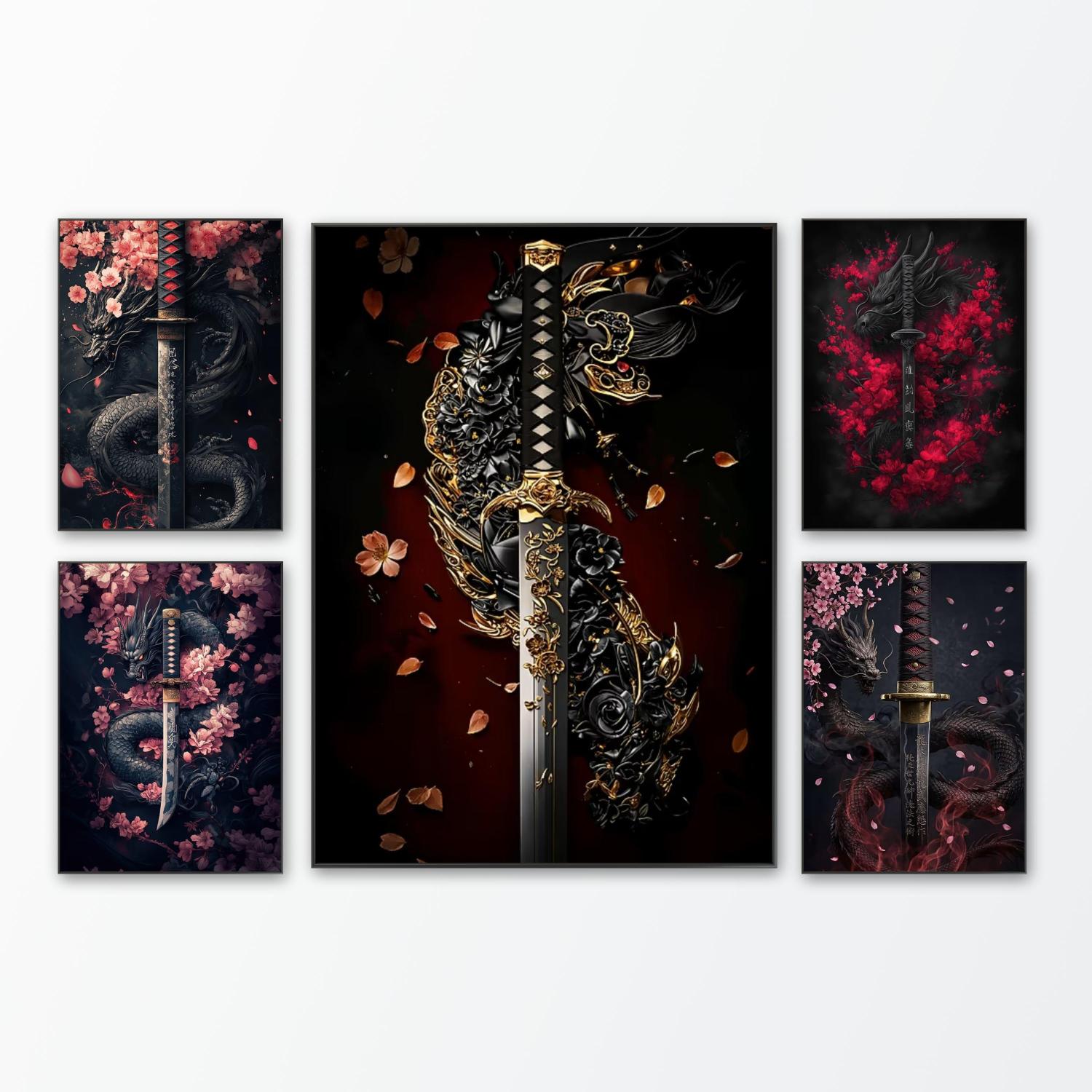 Japanese Lifestyle Gifts - Lukisan Naga Hitam dan Pedang Samurai